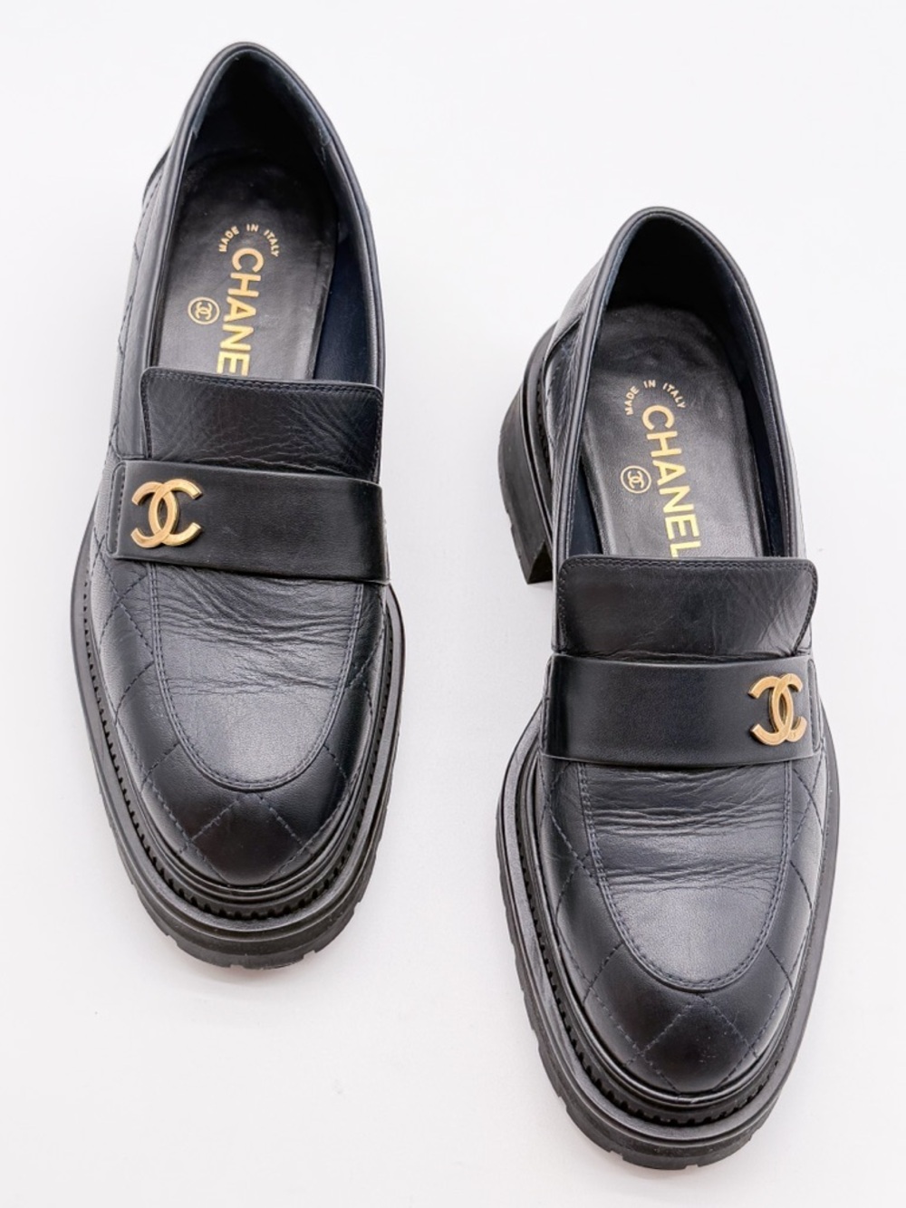 CHANEL CC Logo Dark Blue  Quilted Lug Sole Platform Loafers Leather EU 38.5 US8 - Picture 10 of 13